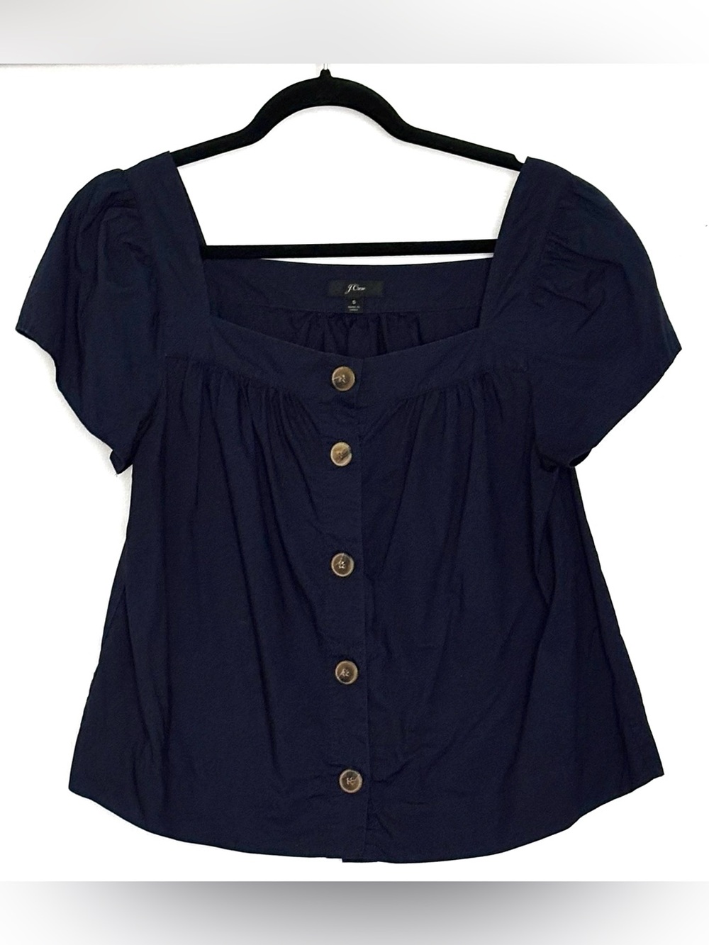 J.Crew Point Sur Button-Front Square-Neck Cotton Poplin Top Navy Size S